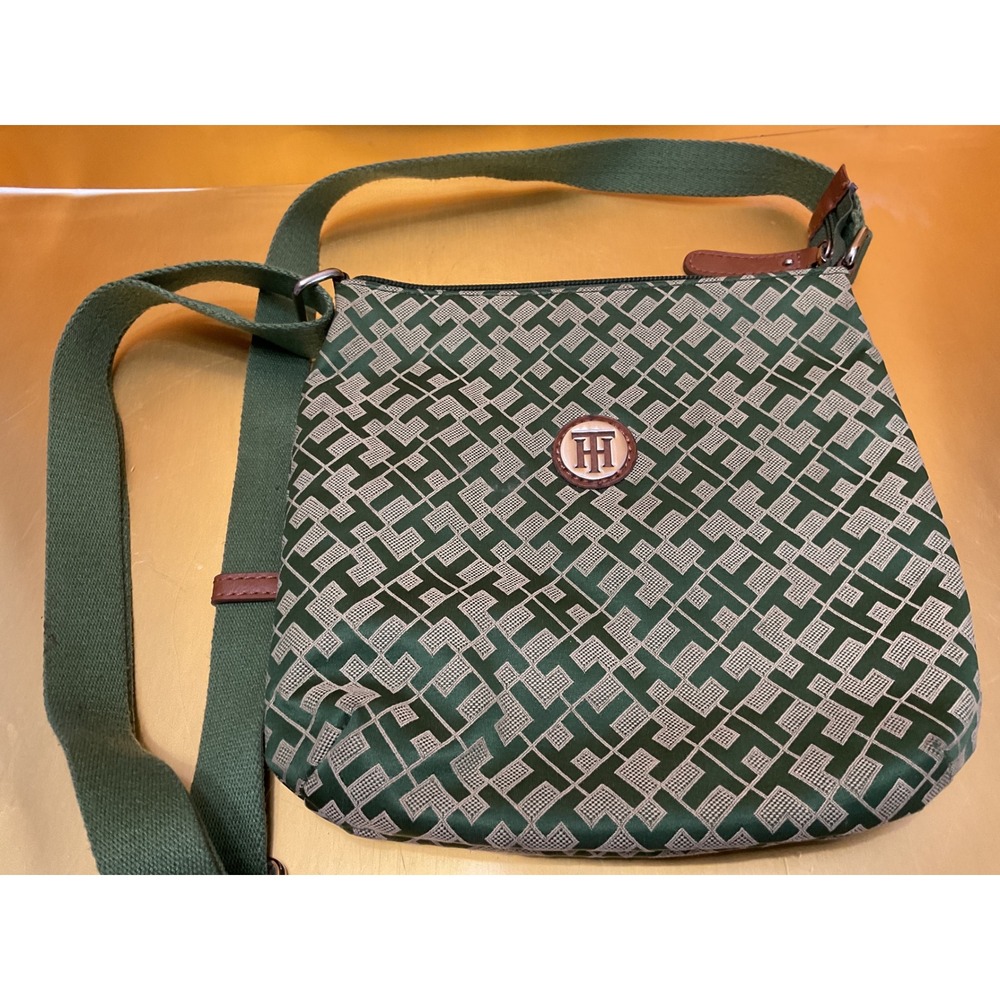 Tommy Hilfiger Monogram Crossbody Bag Green Jacquard TH Logo Adjustable Strap